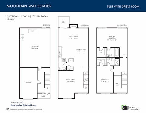 Floor plan for 2 beds, 2.5 baths, 1960 sqft